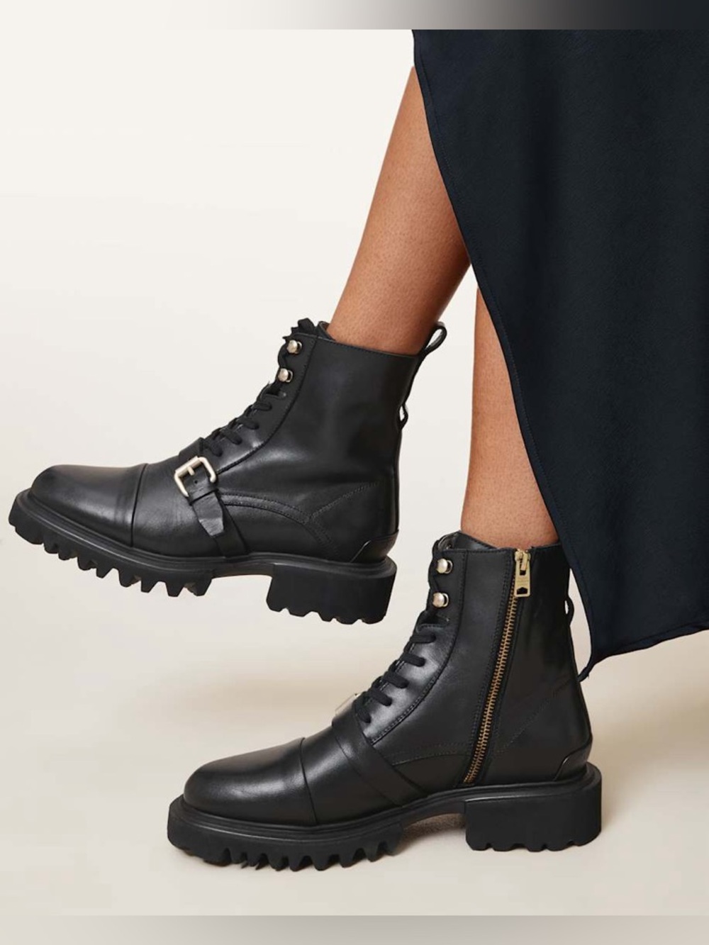 AllSaints Tori Leather Boots with Buckle & Side Zip